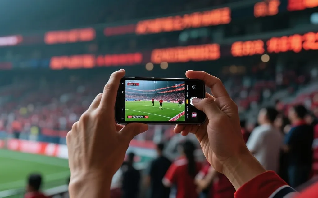 手机屏幕上直播弹幕与球迷手持围巾的对比画面