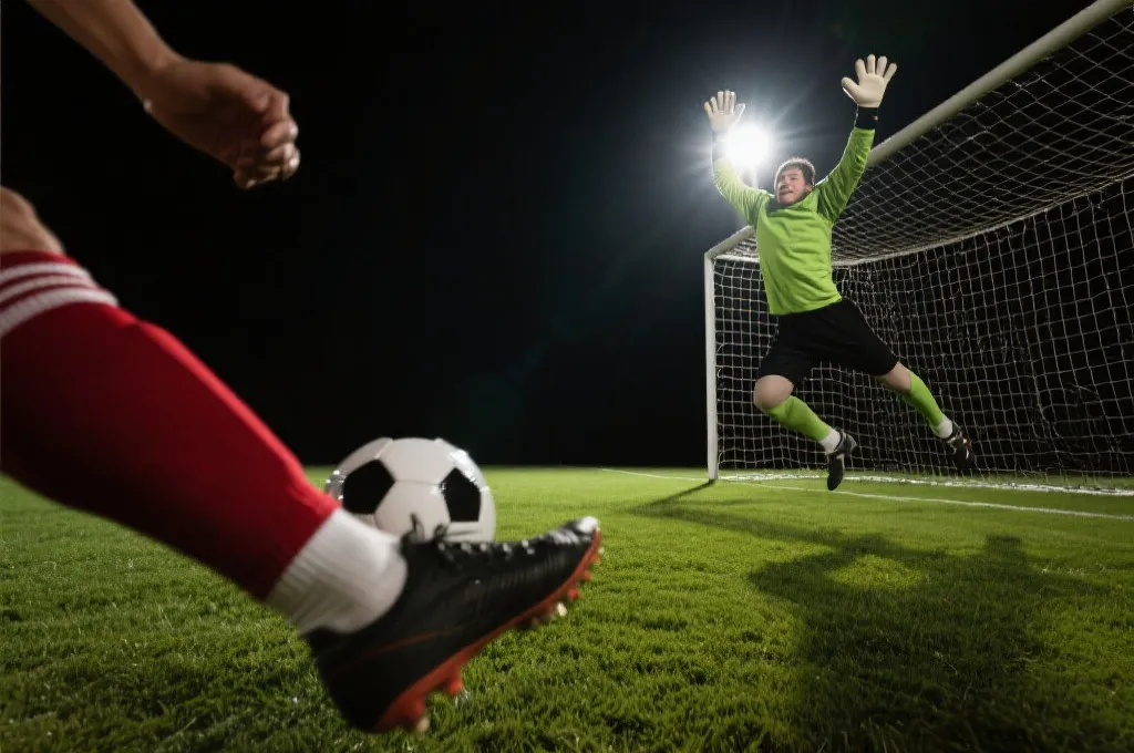 点球瞬间：球员脚背触球、门将起跳，时间凝固的电影感画面