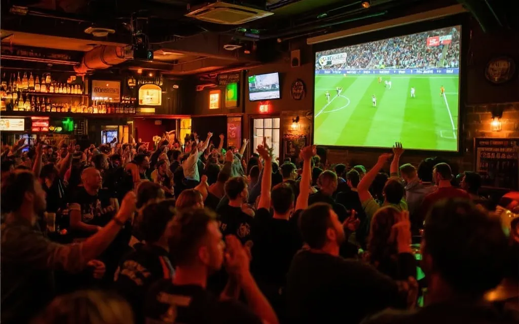 酒吧内多人观看足球比赛大屏，氛围热烈，画面清晰，灯光温暖