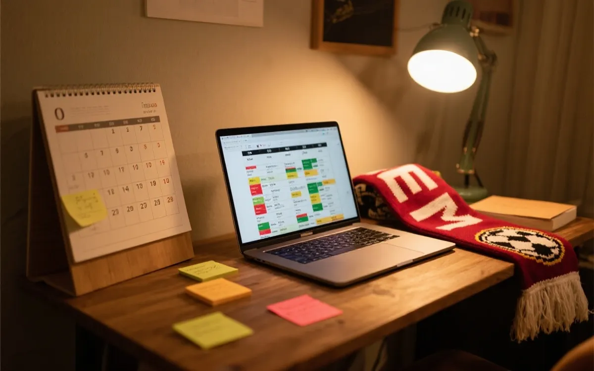 球迷在书桌前用日历规划2026世界杯北美赛程表观赛与请假行程